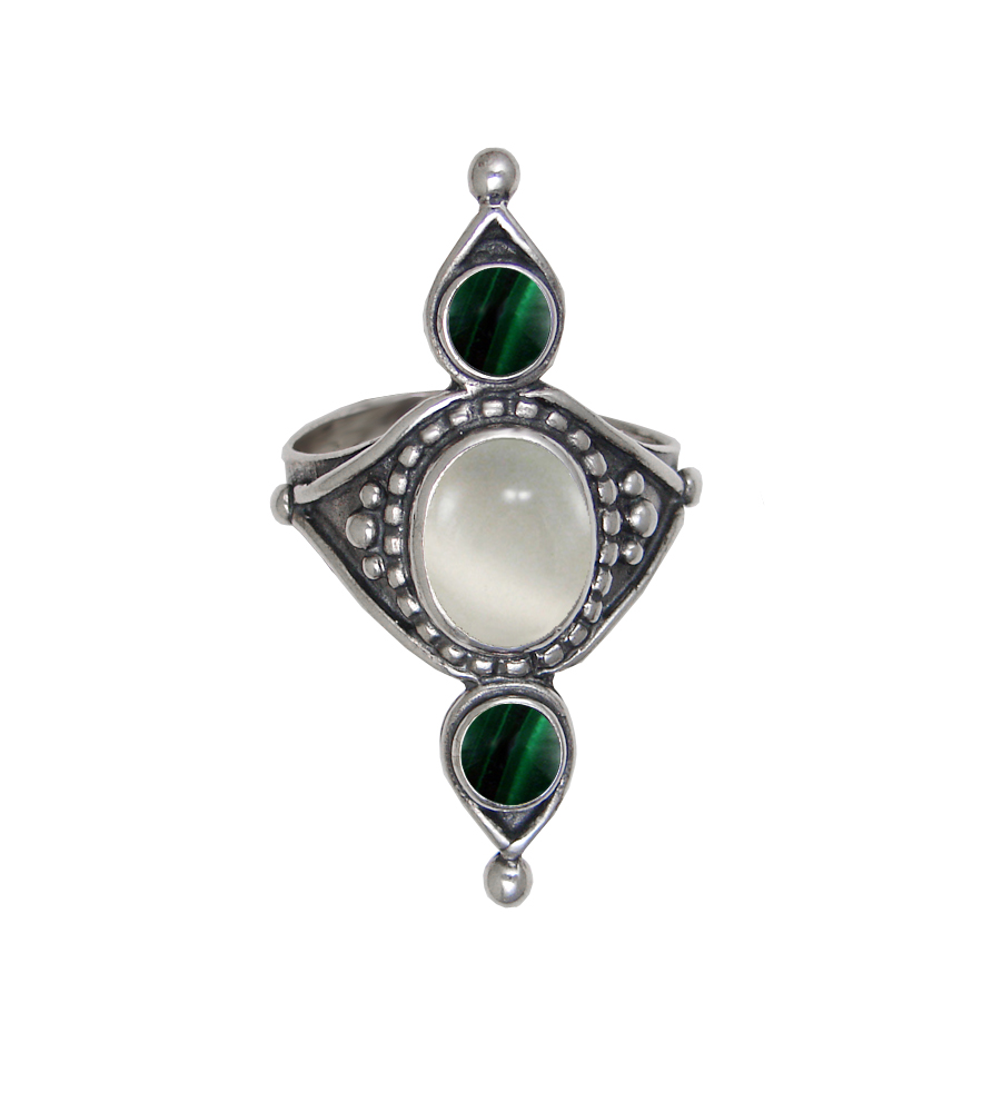 Sterling Silver Royal Ring With White Moonstone And Malachite Size 9